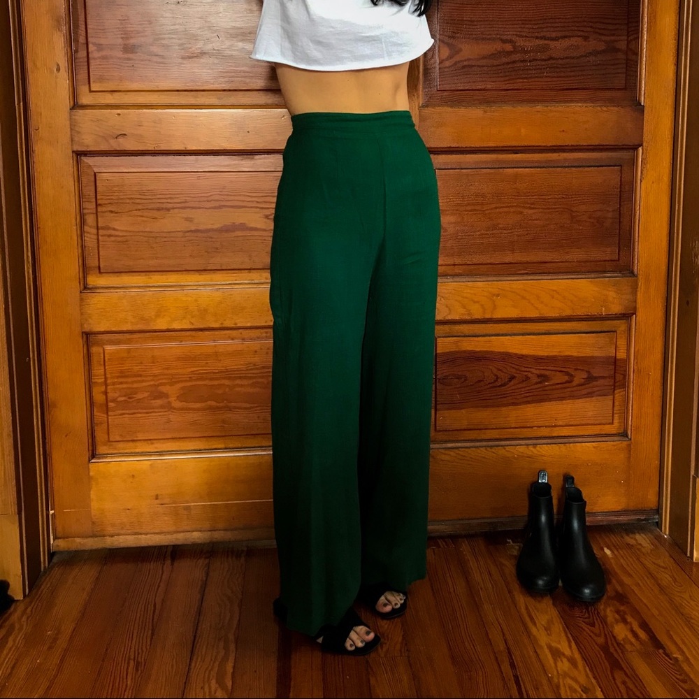Forest Green Linen-Textured High-Waist Pants